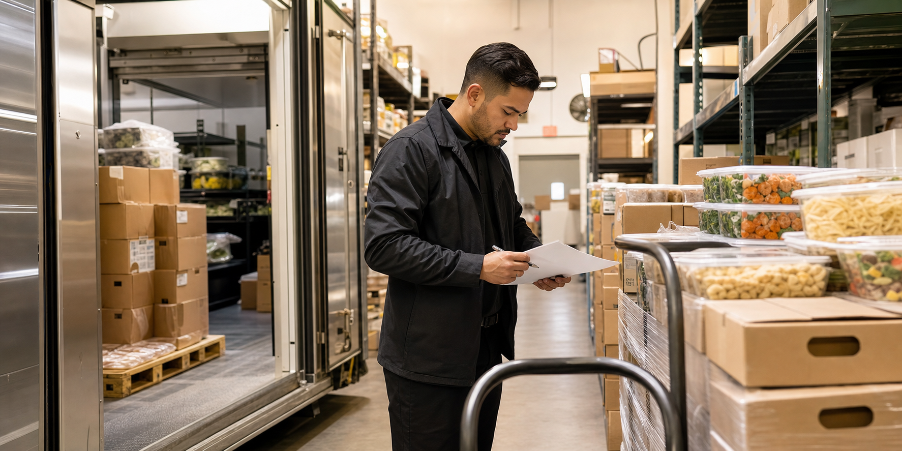 Distributor checking refrigerated product cases in an organized warehouse